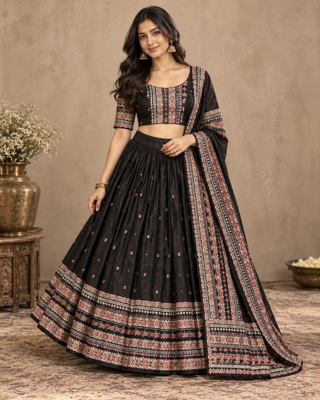 Black Blossom: A black chaniya choli with coral and ivory floral borders, a matching embroidered blouse and a coordinating bordered dupatta.