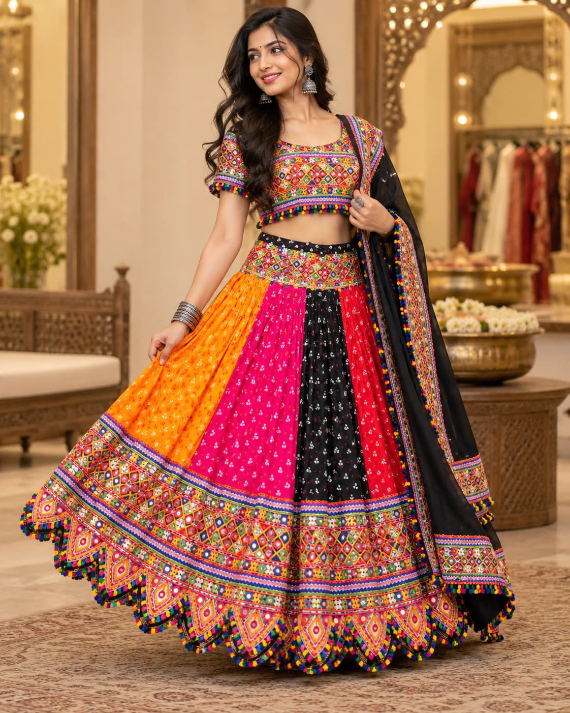 Sunset Tassel: A spirited orange, pink and black three-piece set with a patchwork-style border, dotted panels and playful tassel edging.