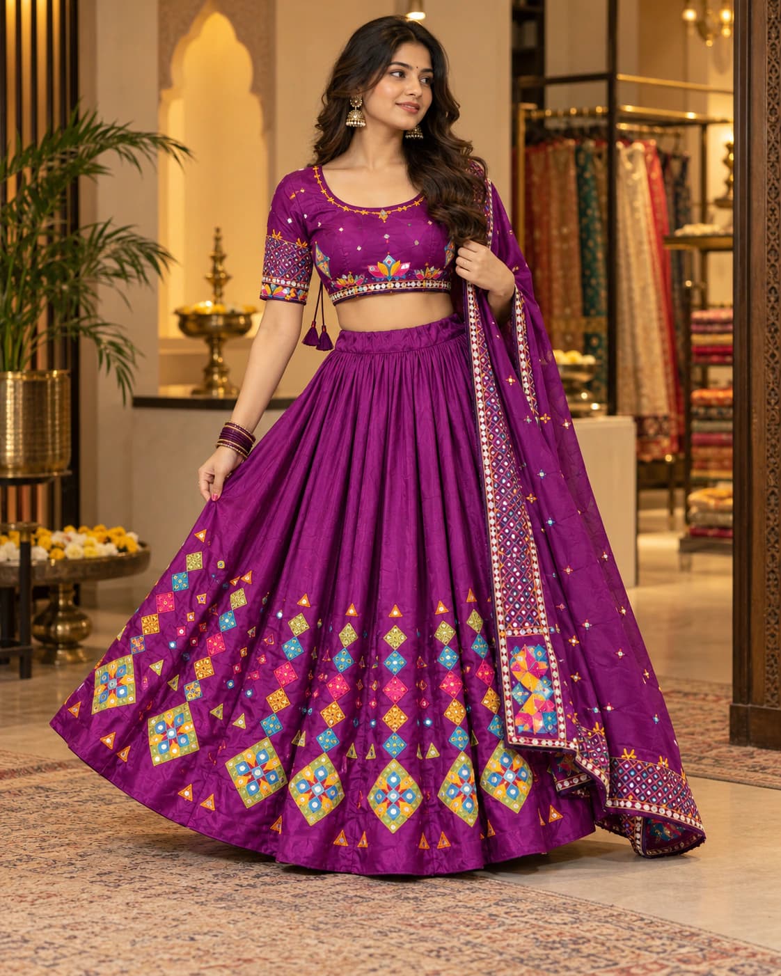 Amethyst Folk: A deep purple Garba set brightened with multicolour folk motifs, diamond-patterned skirt panels and a richly edged dupatta.