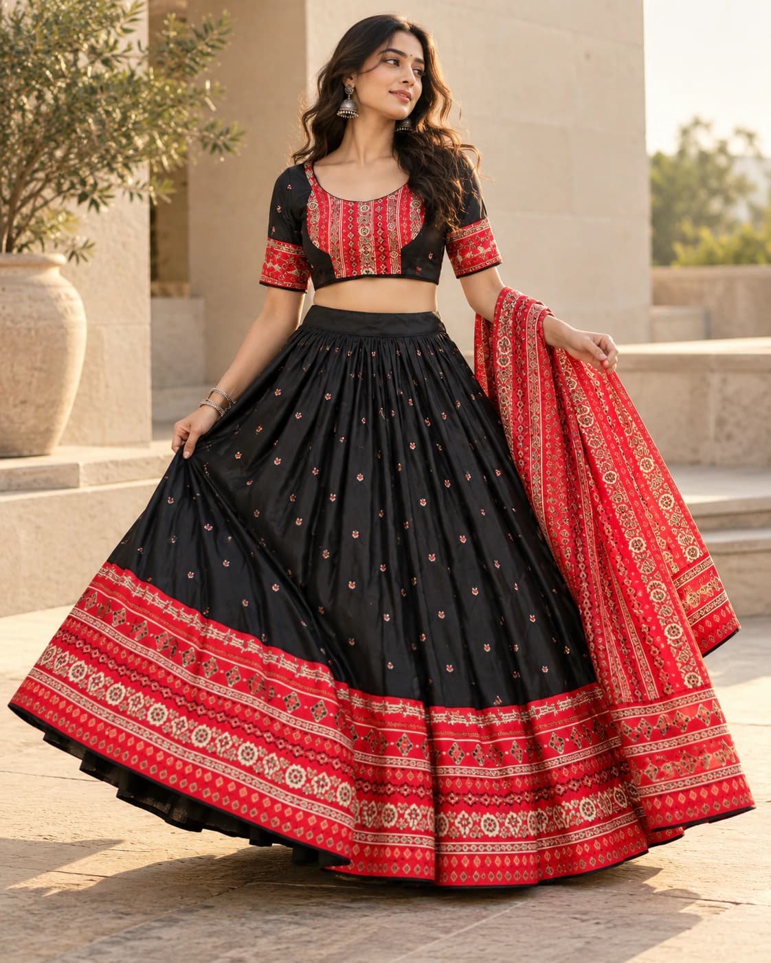 Bandhani Glow: A classic black and red combination with tiny dotted motifs, a boldly patterned blouse and layered scarlet hem borders.
