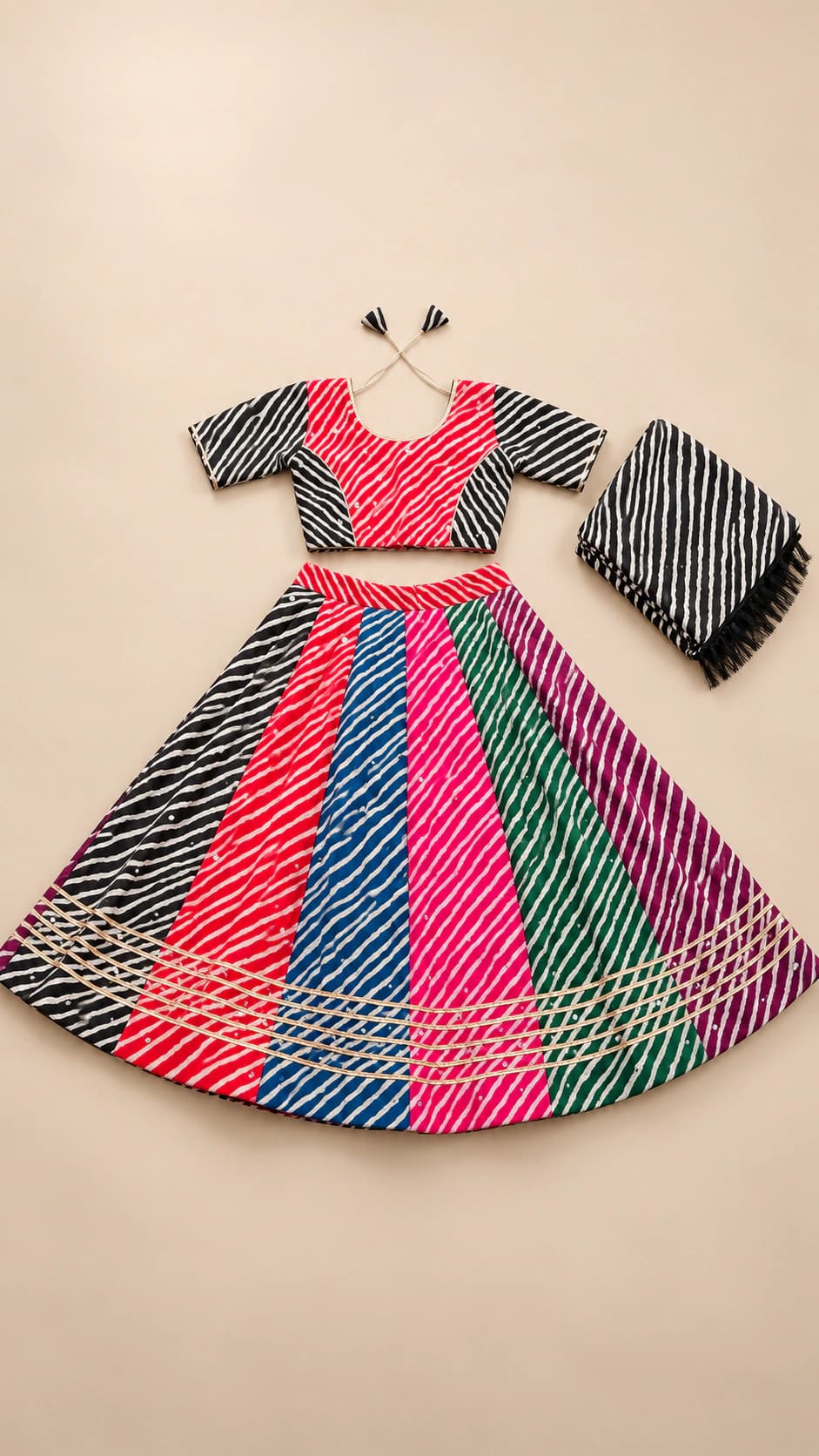 Kaleidoscope: A lively multi-panel lehenga in pink, green and black, unified by fine diagonal striping and a matching black-and-white dupatta.