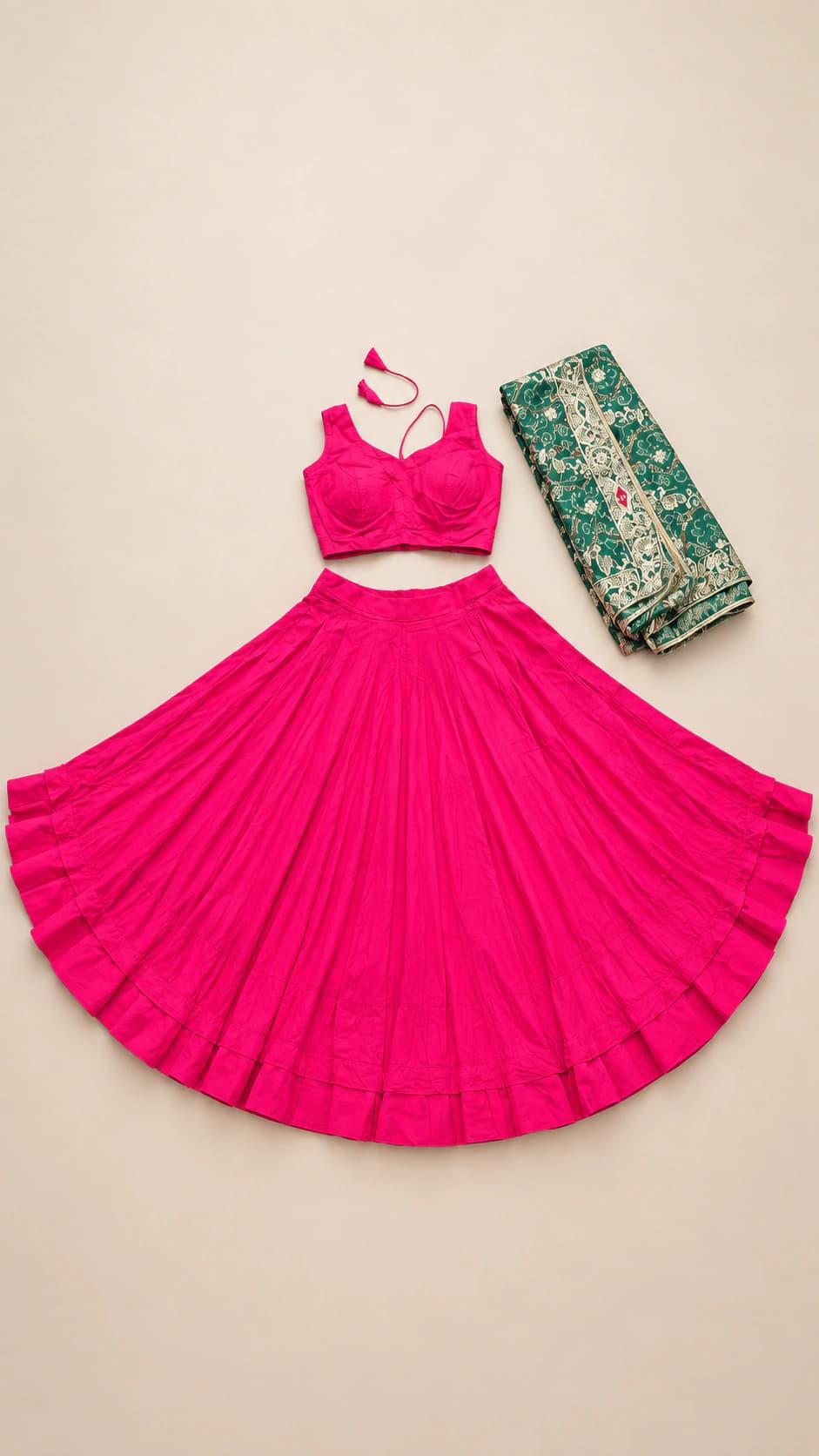 Rang Rani: A clean, graceful rani-pink lehenga with a full flowing skirt, sleeveless blouse and a contrasting green printed dupatta.