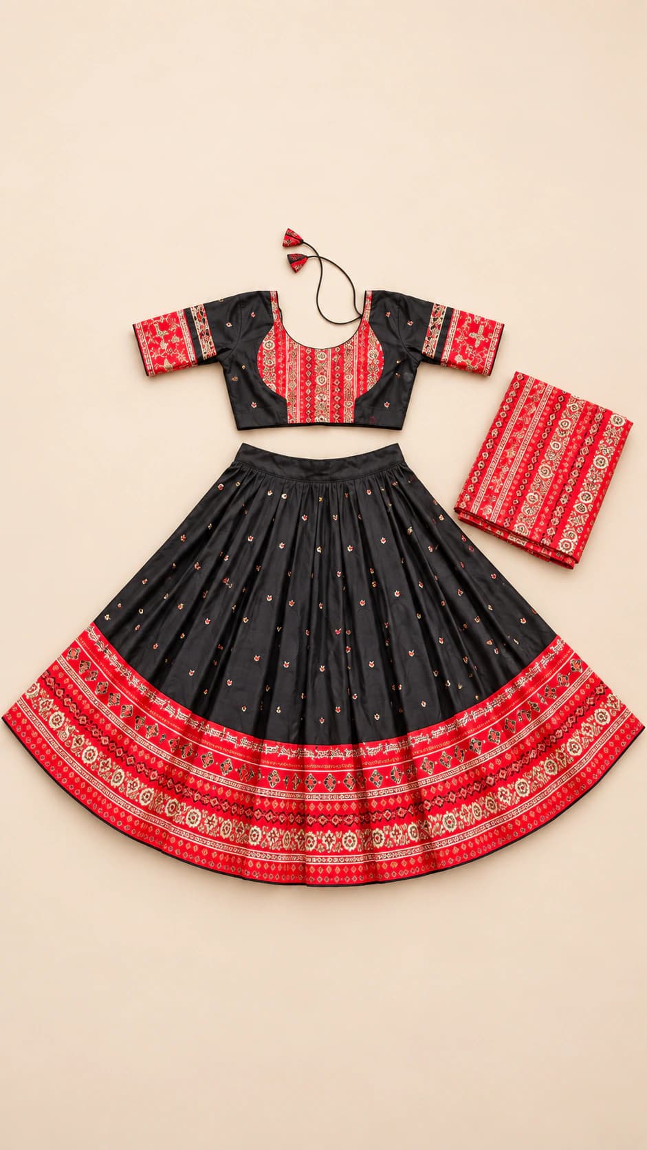 Bandhani Glow: A classic black and red combination with tiny dotted motifs, a boldly patterned blouse and layered scarlet hem borders.