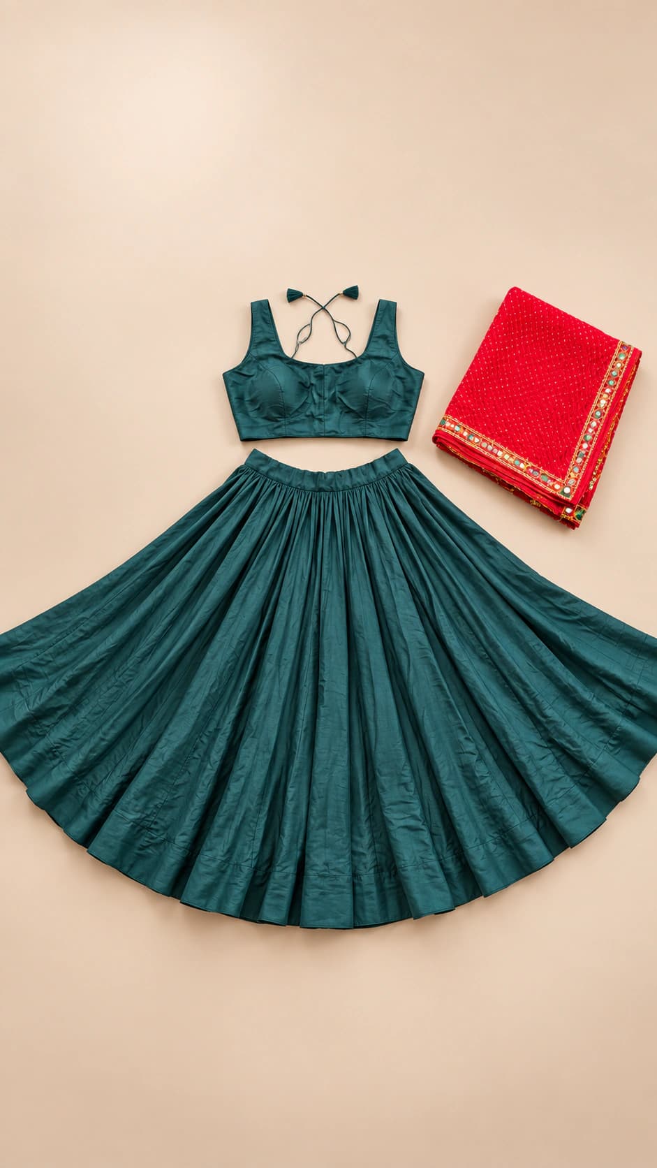 Teal Ruby: A deep teal sleeveless lehenga with a soft textured appearance, clean sweeping flare and a ruby-red bordered dupatta.