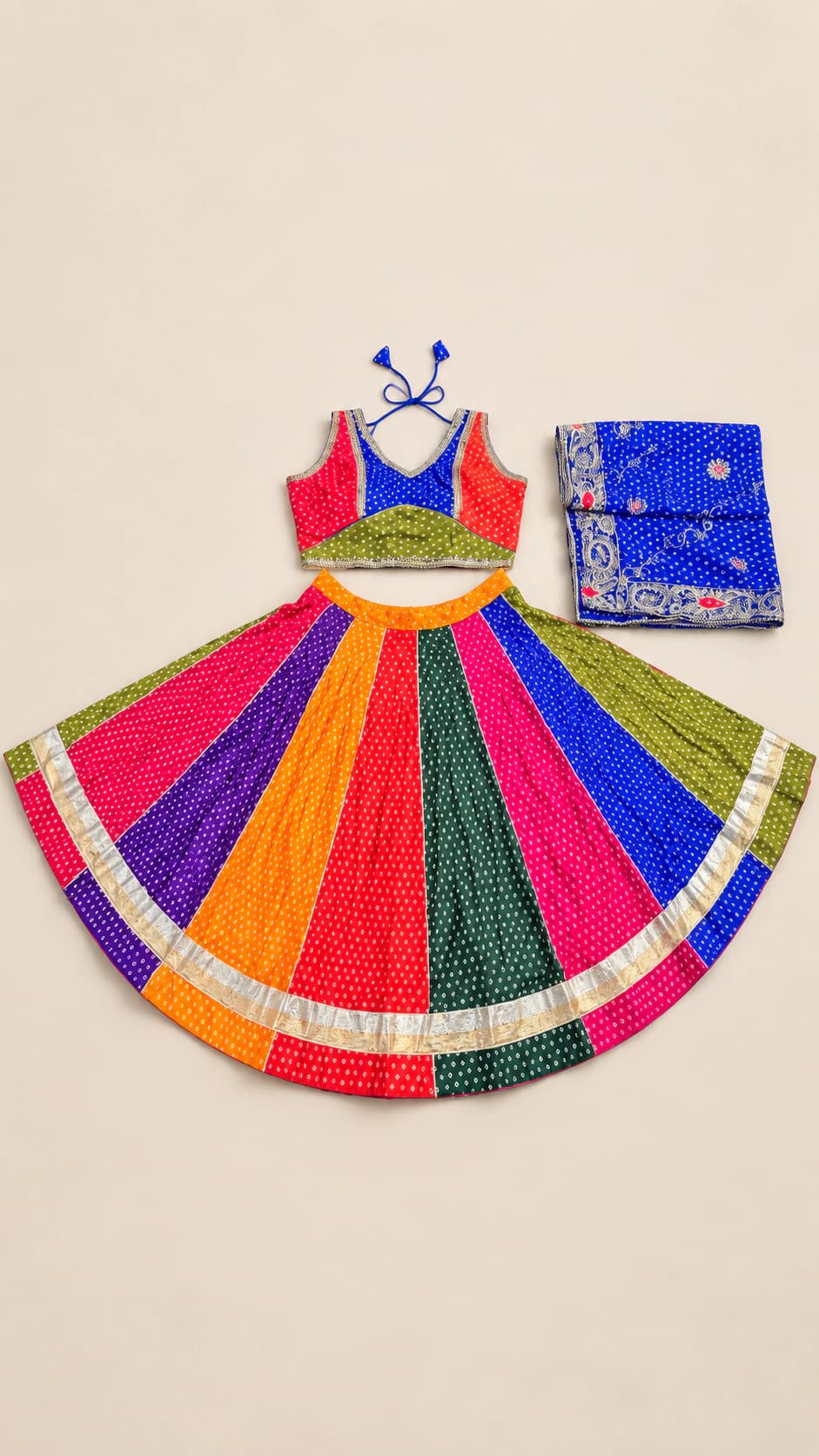 Garba Bloom: A joyous multi-colour set with red, purple, orange and green skirt panels, a bright blouse and a richly patterned blue dupatta.