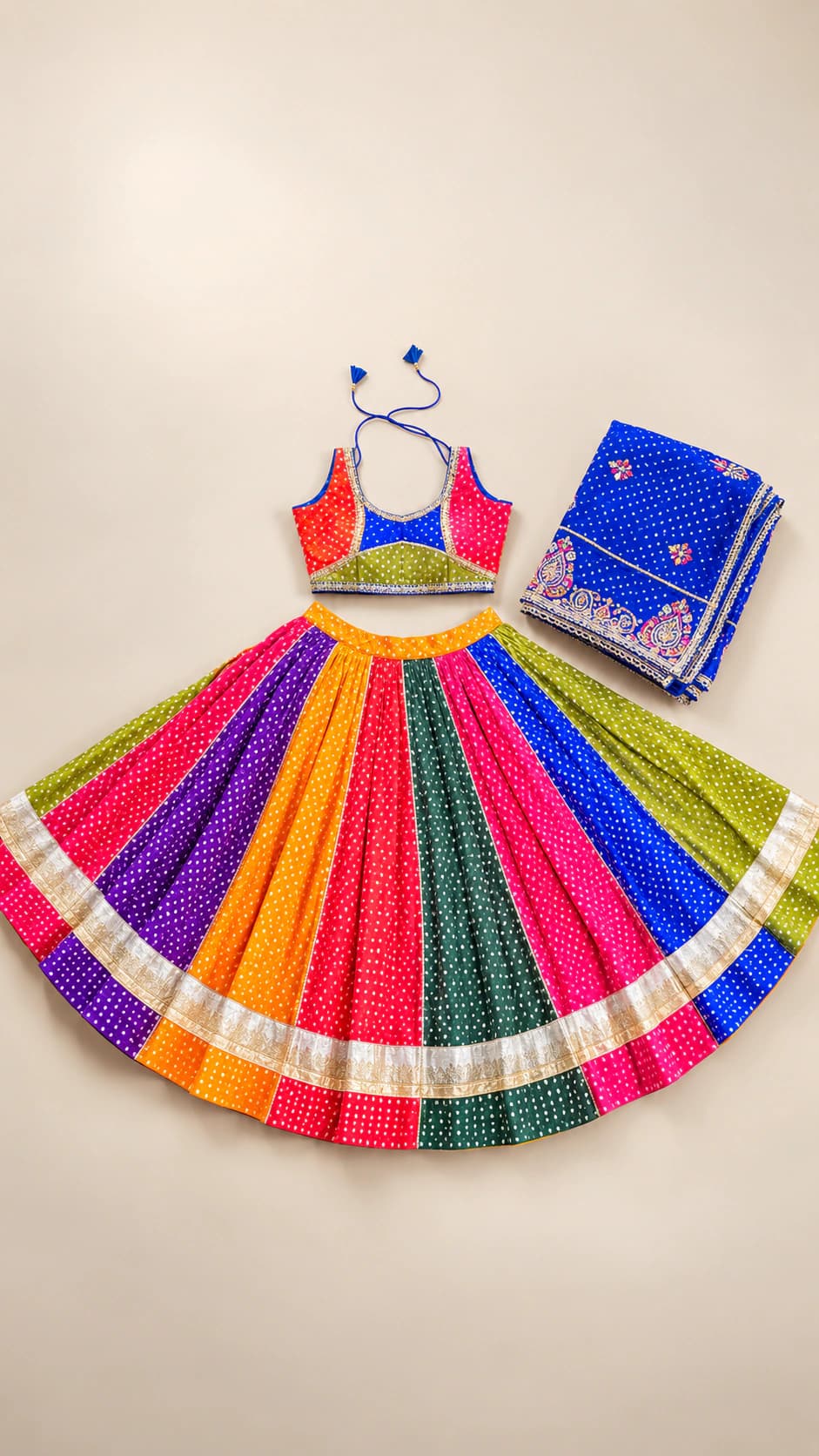 Navrang: A festive sweep of vivid pink, orange, green, purple and blue panels paired with a colourful sleeveless blouse and blue patterned dupatta.