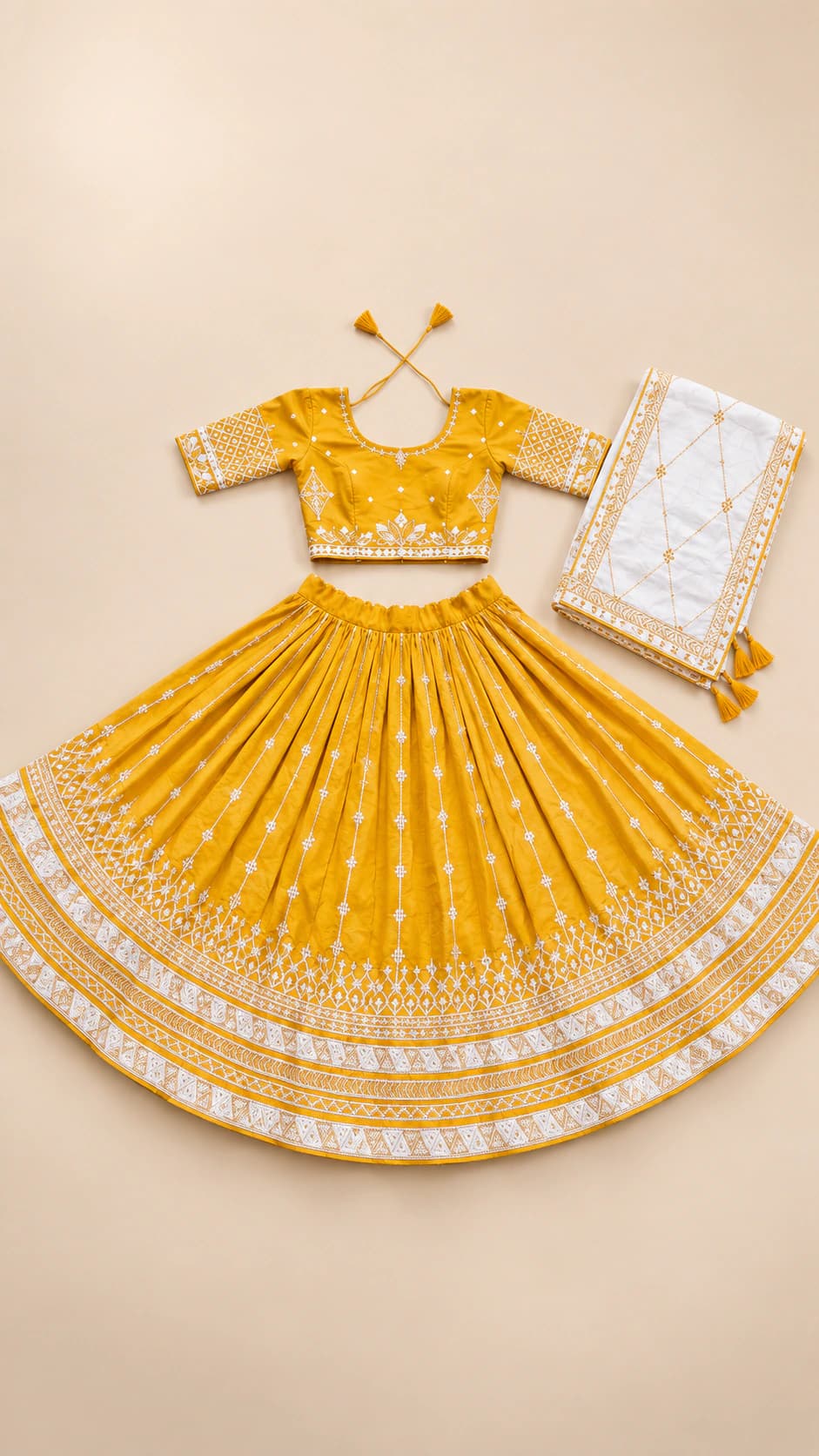 Kesari Charm: A luminous kesari-yellow lehenga with an ornate ivory-and-gold-toned blouse and a broad decorative border layered around the hem.