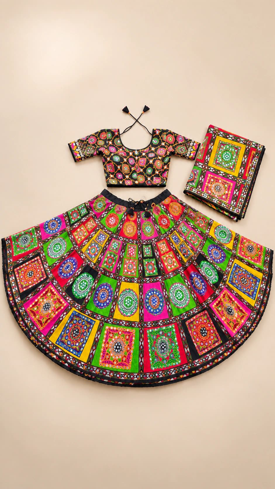 Mirror Magic — a multicolour Kutch-inspired chaniya choli laid flat