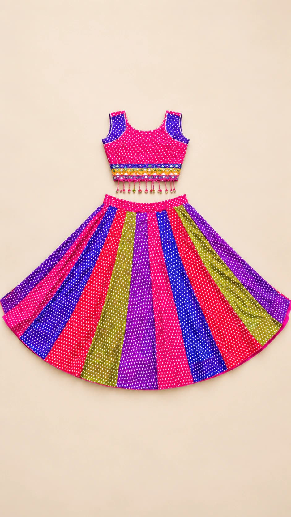 Rainbow Rani: A modern rani-pink and rainbow-panel lehenga with a clean sleeveless top, slim decorative waistband and generous circular flare.