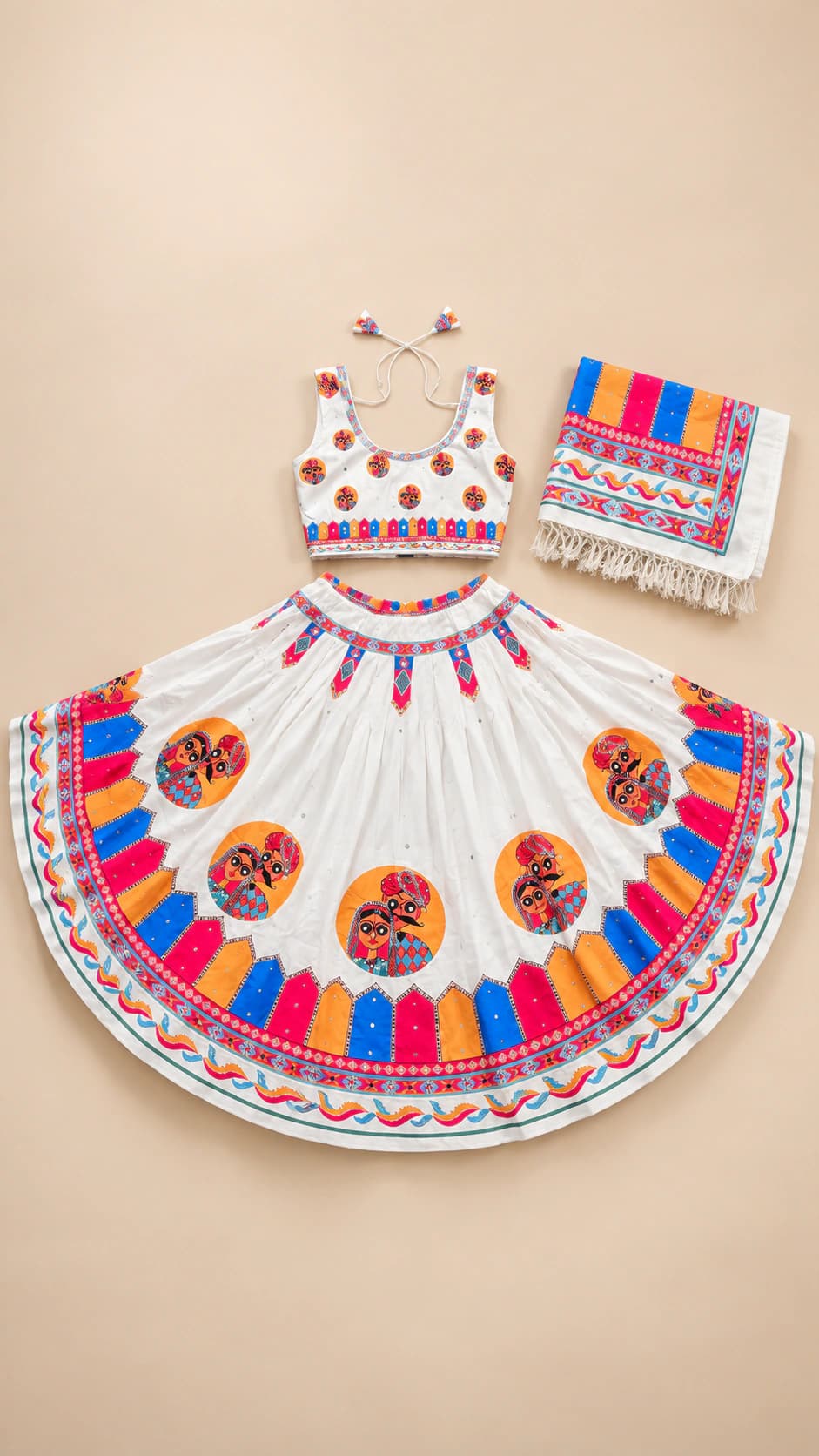 Rangoli Ivory: An airy ivory set animated by colourful tassel-like waist details, round rangoli-style hem motifs and a striped decorative border.