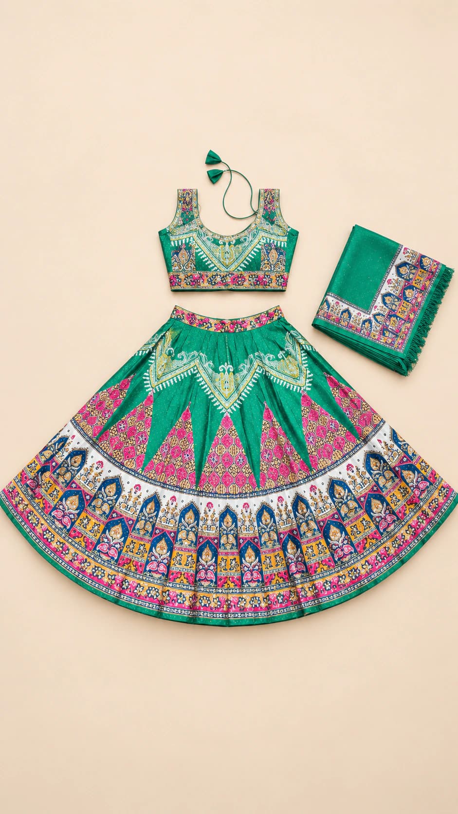 Emerald Palace: An emerald green ensemble with pink triangular panels, a highly detailed multicolour border and a matching patterned blouse and dupatta.