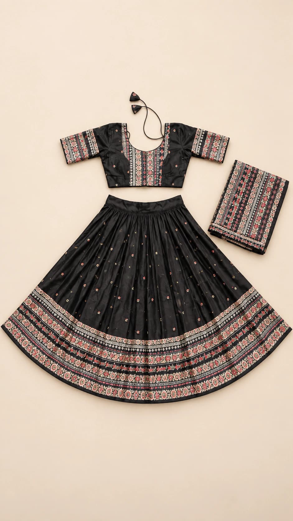 Charcoal Heritage: A charcoal-black set with subtle dotted motifs, a striped heritage-style blouse and an intricately patterned lower border.