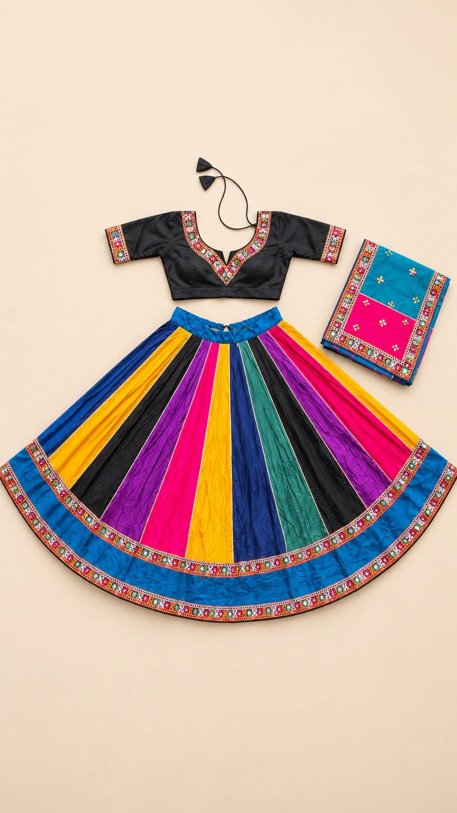 Navrang Night: A black-ground lehenga energised by vertical yellow, pink, blue, green and orange panels and a multicolour folk border.