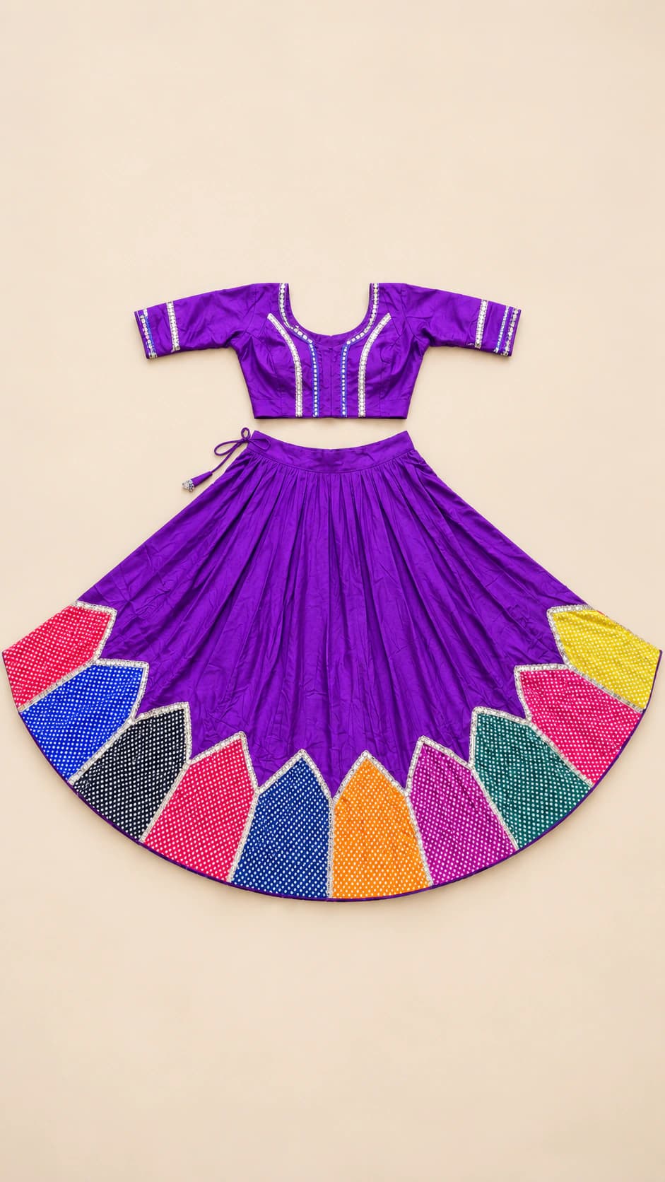 Purple Prism: A vibrant purple set with a sleek short-sleeve blouse and oversized multicolour prism panels rising from the skirt hem.